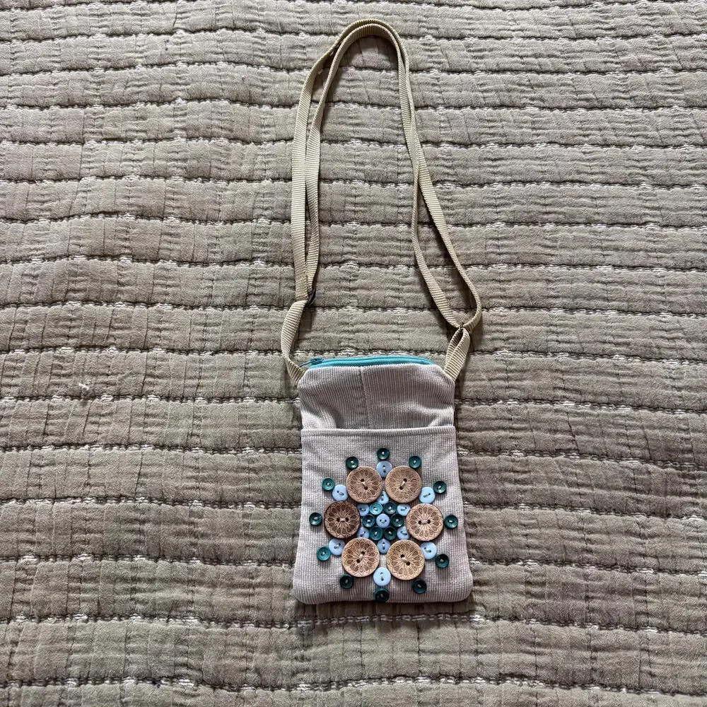 CUTE as a BUTTON handmade Boho crossbody embellished tan Bag. Cottage Core